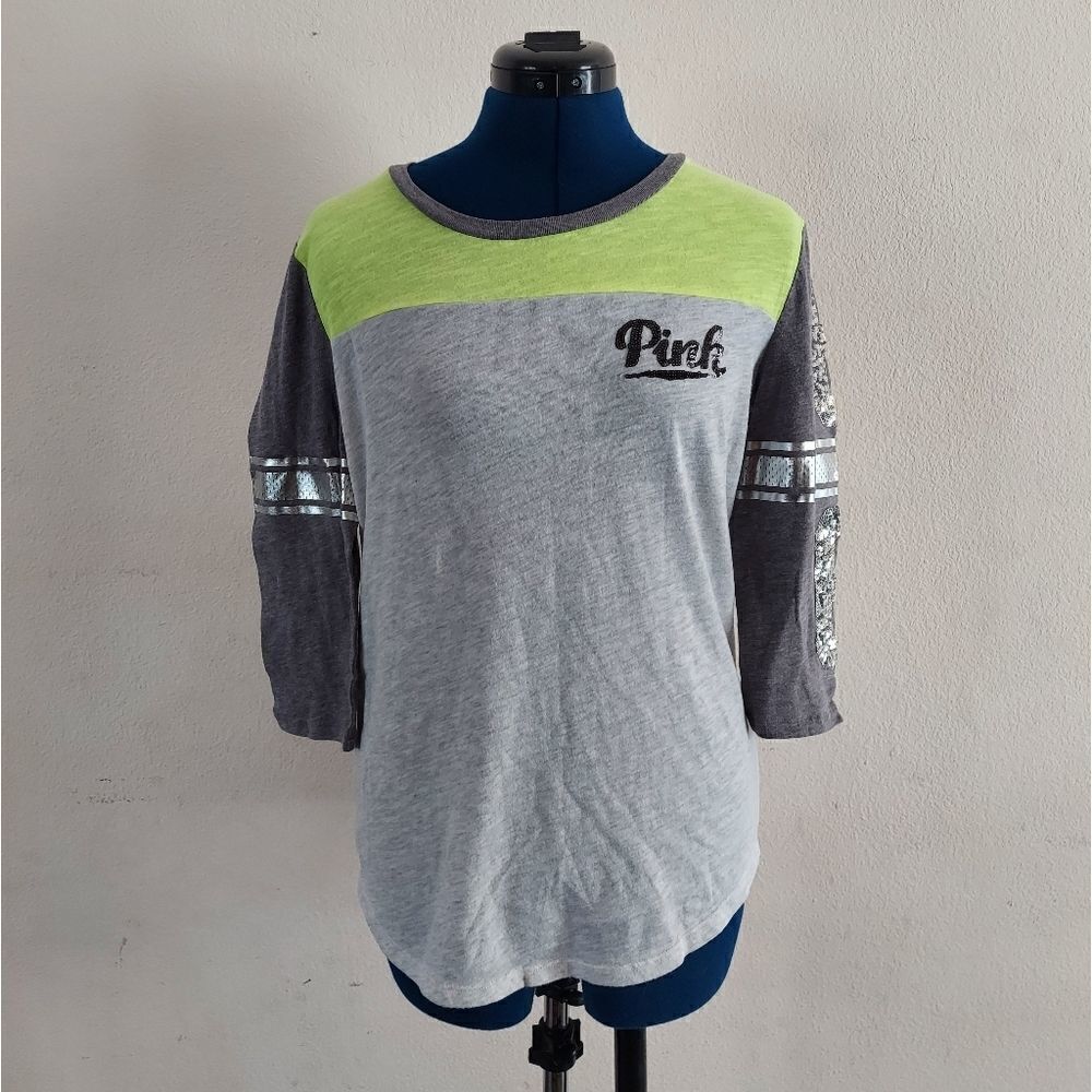PINK Victoria's Secret Gray Neon Yellow Sequin 3/4 Sleeve Shirt Size Small